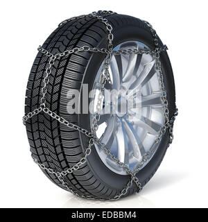 3d render of winter tire with snow chain isolated on white background Stock Photo