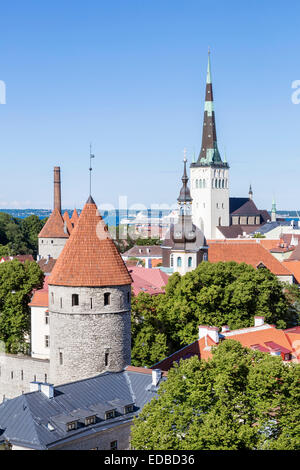View from Toompea Hill on the Lower Town, old town with the St. Olaf's Church or Oleviste kirik Stock Photo