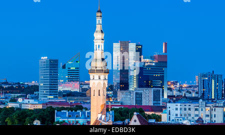 View from Toompea Hill on the Lower Town, old town, the Town Hall and the financial district in the blue hour, Tallinn, Estonia Stock Photo