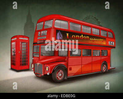 London double-decker bus or Routemaster, with phone box, Big Ben, illustration Stock Photo