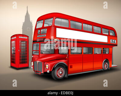 London double-decker bus or Routemaster, with phone box, Big Ben, illustration Stock Photo