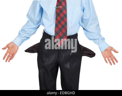 Businessman showing his empty pocket, turning his pocket inside out isolated on white background Stock Photo