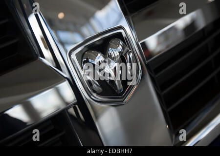 The Dodge emblem on the front of a black pick-up truck Stock Photo