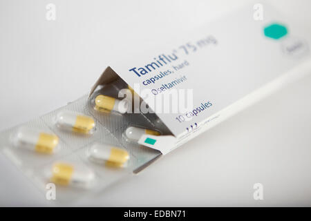 Illustrative image of a Tamiflu box and tablets. Stock Photo