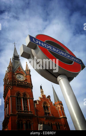 A London Underground sign outside St. Pancras International train station. Stock Photo