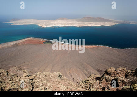 View from Mirador del Rio on the Salinos del Rio and Isla Graciosa, Lanzarote, Canary Islands, Spain Stock Photo