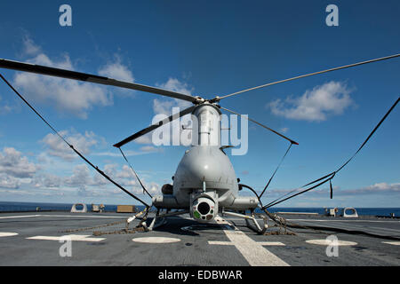 A US Navy MQ-8B Fire Scout unmanned helicopter on the deck of the littoral combat ship USS Fort Worth during flight operations December 17, 2014 in the Pacific Ocean. Stock Photo