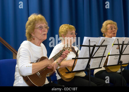 Women's Institute (WI) members singing and playing the Ukulele at Christmas time in village hall, Whitehill, near Bordon, Hampsh Stock Photo