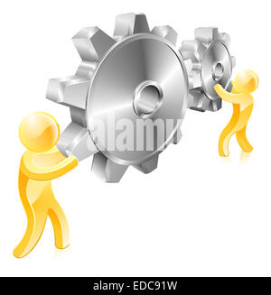 Two men or mascot figures with giant machine cogs or gears Stock Photo