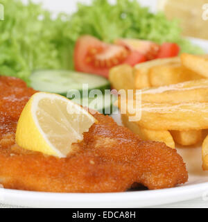 Schnitzel meal with french fries and lettuce on plate Stock Photo