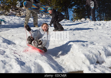 Children sledding down a hill having fun. Lots of action with flying snow an animated faces. Stock Photo