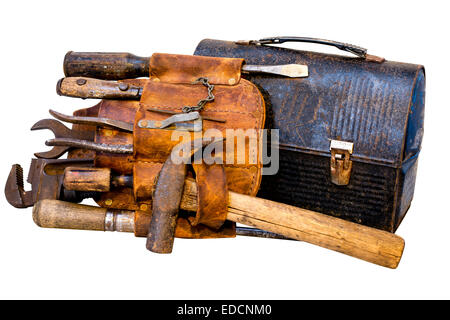 Vintage tools, tool belt, and lunch box isolated on white background with clipping path. Stock Photo