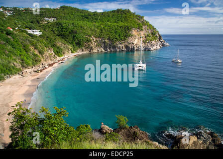 Boats anchored off Shell Beach in Gustavia, St Barths, French West Indies Stock Photo