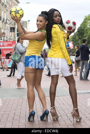 Brazilian babe Danni Lima & Columbian stunner Carolina Cuero Alban pose at the top of Grafton Street ahead of the World Cup quarter final Brazil V Columbia tomorrow night  Featuring: Danni Lima,Carolina Cuero Alban Where: Dublin, Ireland When: 03 Jul 2014 Stock Photo