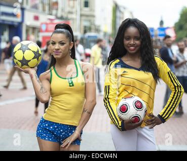 Brazilian babe Danni Lima & Columbian stunner Carolina Cuero Alban pose at the top of Grafton Street ahead of the World Cup quarter final Brazil V Columbia tomorrow night  Featuring: Danni Lima,Carolina Cuero Alban Where: Dublin, Ireland When: 03 Jul 2014 Stock Photo