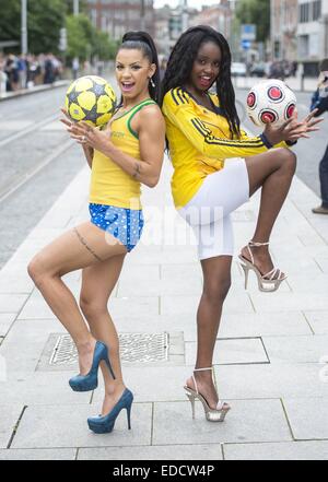 Brazilian babe Danni Lima & Columbian stunner Carolina Cuero Alban pose at the top of Grafton Street ahead of the World Cup quarter final Brazil V Columbia tomorrow night  Featuring: Danni Lima,Carolina Cuero Alban Where: Dublin, Ireland When: 03 Jul 2014 Stock Photo