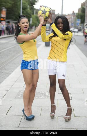 Brazilian babe Danni Lima & Columbian stunner Carolina Cuero Alban pose at the top of Grafton Street ahead of the World Cup quarter final Brazil V Columbia tomorrow night  Featuring: Danni Lima,Carolina Cuero Alban Where: Dublin, Ireland When: 03 Jul 2014 Stock Photo