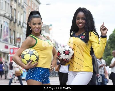 Brazilian babe Danni Lima & Columbian stunner Carolina Cuero Alban pose at the top of Grafton Street ahead of the World Cup quarter final Brazil V Columbia tomorrow night  Featuring: Danni Lima,Carolina Cuero Alban Where: Dublin, Ireland When: 03 Jul 2014 Stock Photo