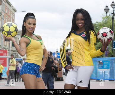 Brazilian babe Danni Lima & Columbian stunner Carolina Cuero Alban pose at the top of Grafton Street ahead of the World Cup quarter final Brazil V Columbia tomorrow night  Featuring: Danni Lima,Carolina Cuero Alban Where: Dublin, Ireland When: 03 Jul 2014 Stock Photo