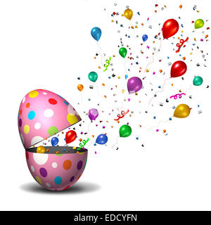 Easter happy celebration party concept as an open easter egg with balloons and festive confetti flying out of the holiday symbol. Stock Photo