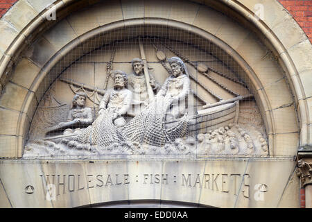 Manchester's old Smithfield Markets sculpted figures are all thats left of the old market place in the Northern Quarter Stock Photo