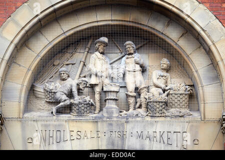 Manchester's old Smithfield Markets sculpted figures are all thats left of the old market place in the Northern Quarter
