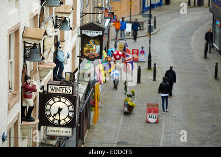 Stockport town centre Lower Hillgate, Winter's Pub clocks on the exterior of the building Stock Photo