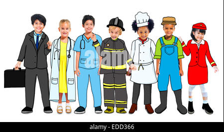 Multiethnic Group of Children with Future Career in Photo and Illustration Stock Photo