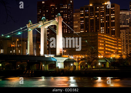 Hennepin Avenue bridge over the Mississippi River in downtown Minneapolis  at dusk. Stock Photo