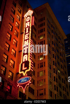 The neon marquee of the Ford Center for the Performing Arts Oriental Theatre, at night, in Chicago, Illinois. Stock Photo