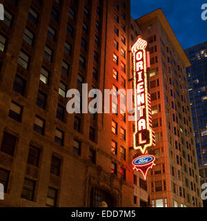 The neon marquee of the Ford Center for the Performing Arts Oriental Theatre, at night, in Chicago, Illinois. Stock Photo