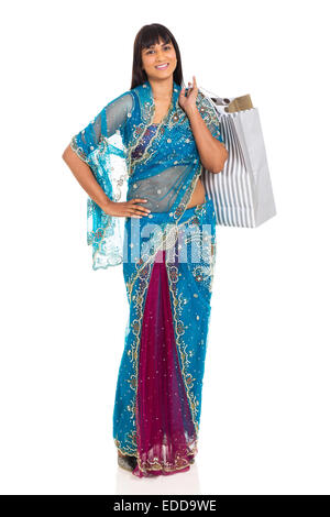 Indian woman in Saree carrying shopping bags on white background Stock Photo