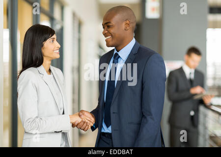 professional Indian businesswoman handshaking with African businessman Stock Photo