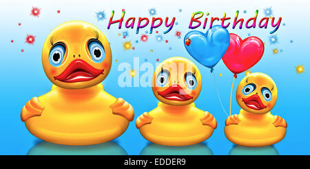 Rubber ducks, lettering 'Happy Birthday', illustration Stock Photo