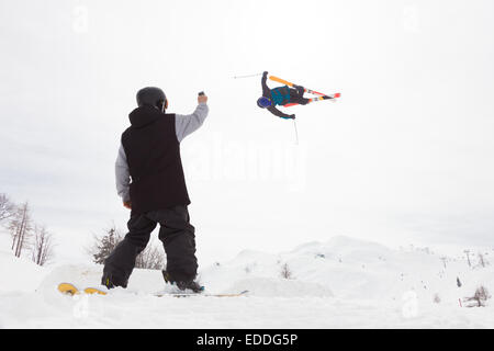 Free style skier performing a high jump Stock Photo