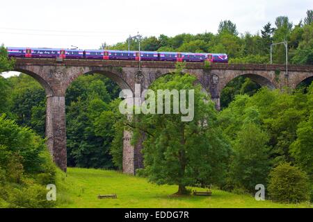 First Group Trans Pennine Express, Class 185 train passing over Hugh's Crag Viaduct near Penrith, Cumbria, West Coast Main Line, Stock Photo