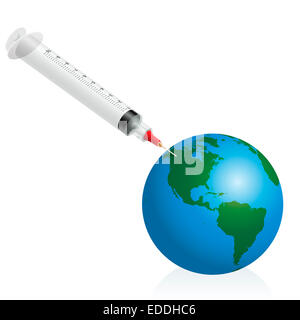 A syringe vaccinates planet earth as a symbol for pandemic disease vaccination. Stock Photo