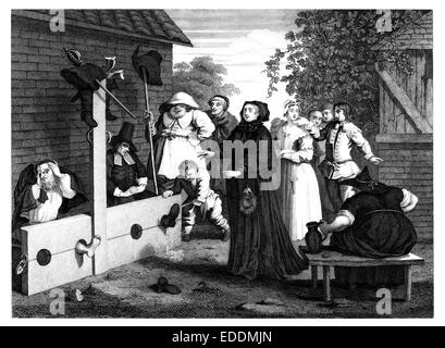 “Hudibras” 6, ‘Hudibras and Ralph in the Stocks’ engraved by English artist William Hogarth 1697-1764 Stock Photo