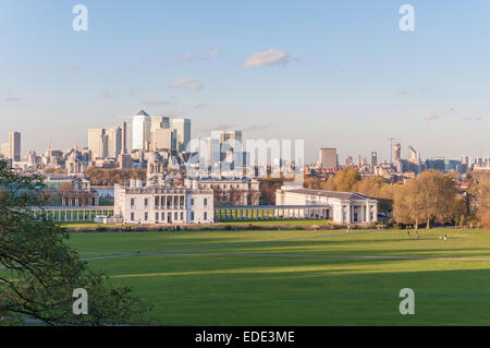 View of Canary Wharf from Greenwich Hill in London Stock Photo
