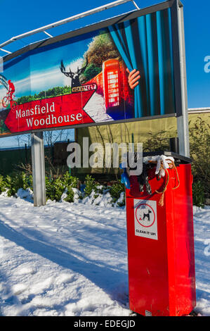 Welcome to Mansfield Woodhouse display board , a town in north Nottinghamshire, England, uk. Stock Photo