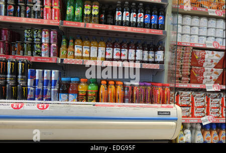 Display of chilled drinks in the shop chilled cabinet.  6th January 2015 Stock Photo