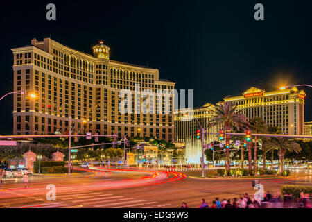 Night view of Las Vegas Strip with Bellagio Hotel and Caesars Palace, Las Vegas, Nevada, USA Stock Photo