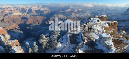 Panoramic view of snow coating the South Rim of Grand Canyon from Yavapai Point January 2, 2015 Grand Canyon Village, AZ. Stock Photo