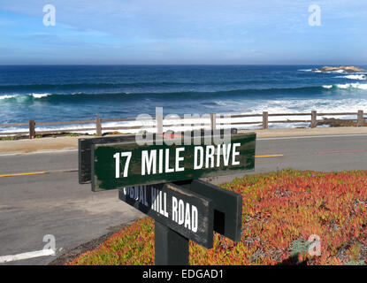 CALIFORNIA Sign for 17 mile drive, a fabulous scenic coast route through Pacific Grove and Pebble Beach on the Monterey Peninsula California USA Stock Photo