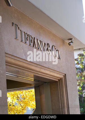 Close view on Tiffany & Co logo, renowned fine jewelry store in Carmel Monterey California USA Stock Photo