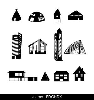 graphic set of different buildings on a white background Stock Photo