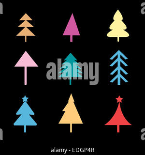 graphic set of Christmas trees signs on a black background Stock Photo