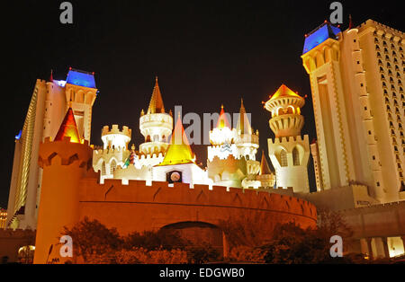 Las Vegas, USA - December 18, 2009: Excalibur Hotel and Casino on the Las Vegas strip welcomes visitors at night. Stock Photo