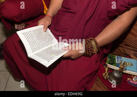 Tibetan monks, mourners, praying, Vietnamese funeral, memorial service, Little Saigon, city of Westminster, California, Stock Photo