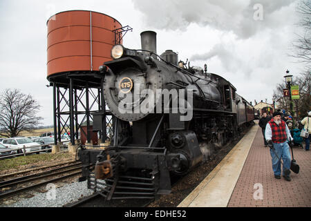 A steam-powered locomotive arrives at the Strasburg train station in Lancaster County, PA. Stock Photo